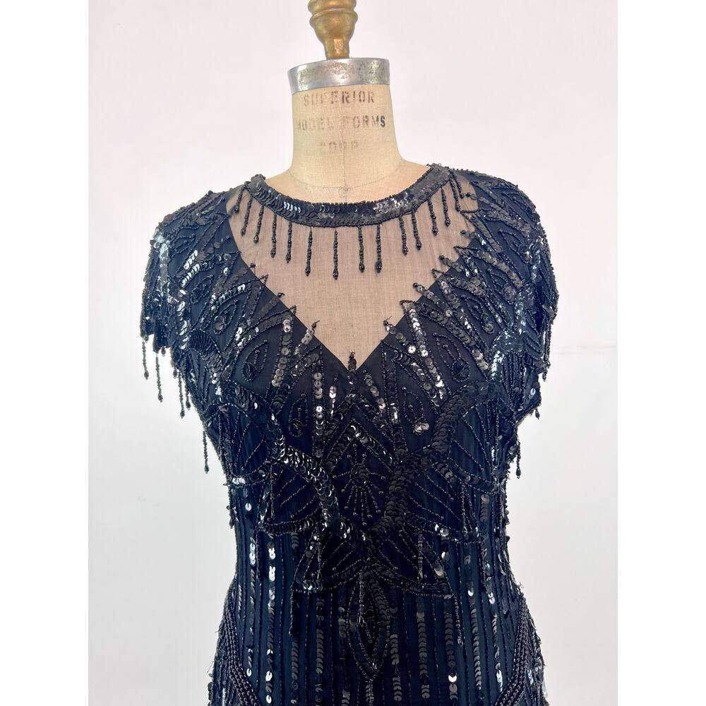 VTG Lawerence Kazar Beaded Blk sequin Flapper Fringe Art Deco Glam Dress 6/7